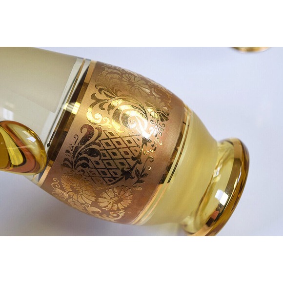 Bohemian Glass Czechoslovakia Gold Boho MCM Decanter/Pitcher + Glasses w/Labels - Picture 11 of 12